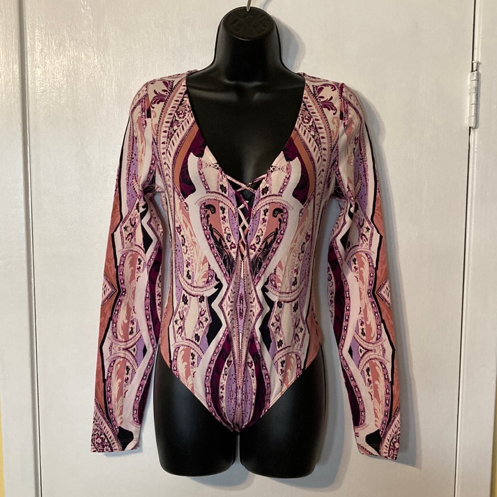 Free People Graphic Gypsy Print Long Sleeve Leotard Top with Lace Detail
